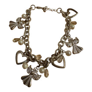 Angel Hearts and Faux Pearl Charm Bracelet One Size Silver